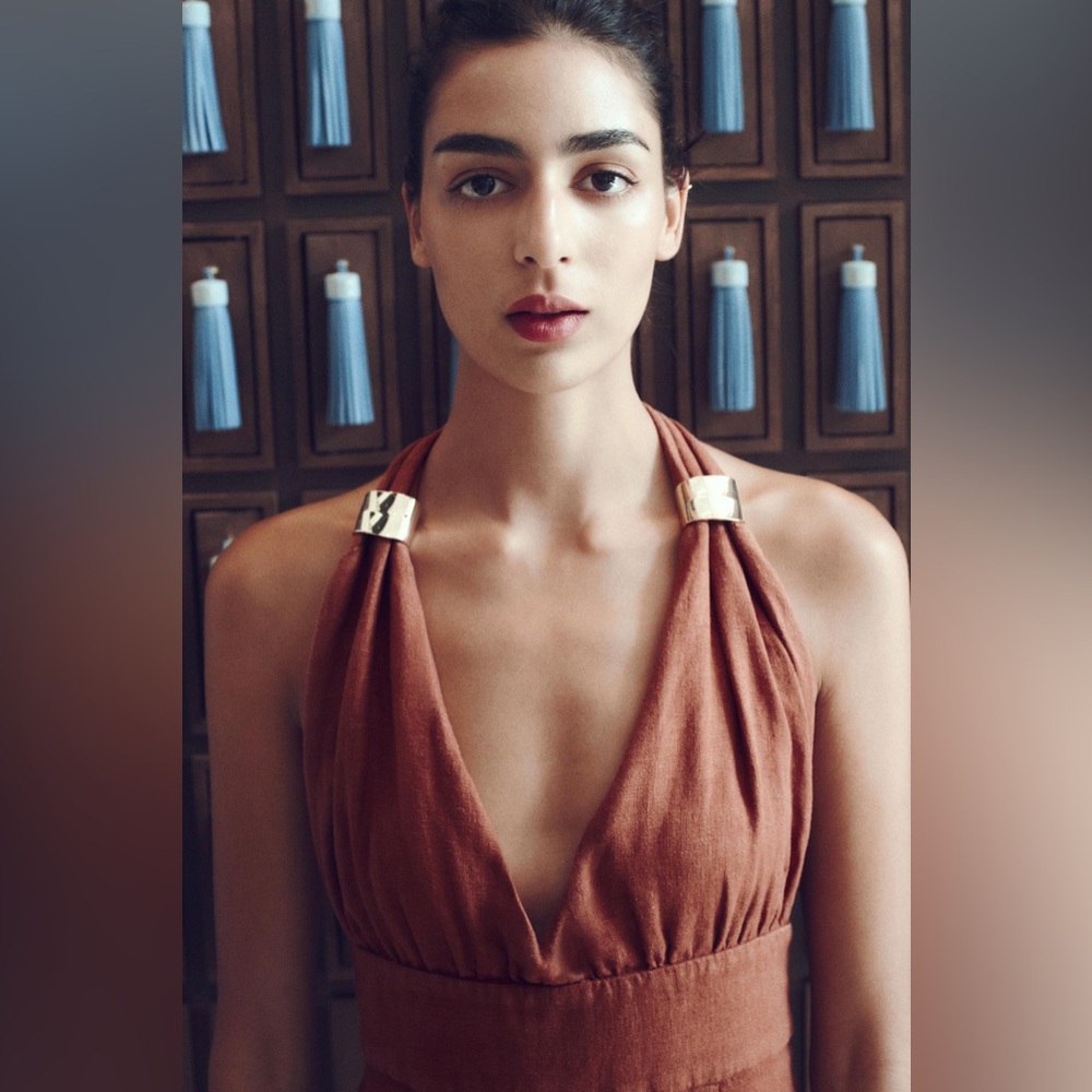 Zara Linen Terracotta Midi Dress with Gold Accents